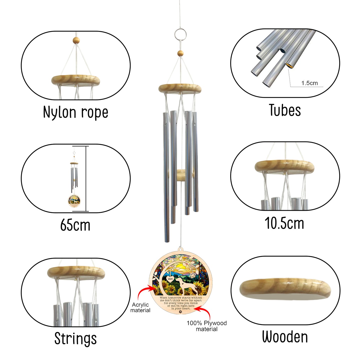 Netecom Vizsla Dog Wind Chimes Memorial, Personalized Pet Memorial for Dogs Suncatcher, Dog Loss Memorial Ornament, Sympathy Windchime Outside Garden Decor, Loss of Pet Remembrance Gift