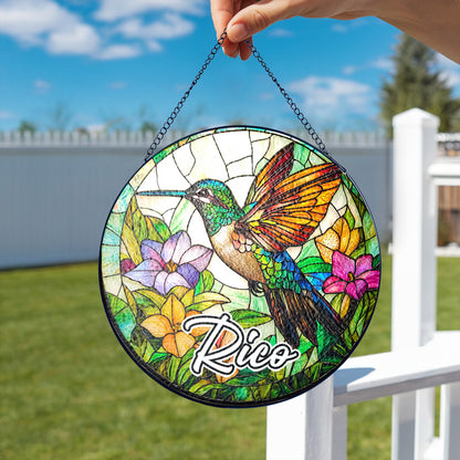 Netecom Personalized Hummingbird Stained Glass Ornament – Custom Flower & Bird Sun Catcher, Nature-Inspired Décor & Gift