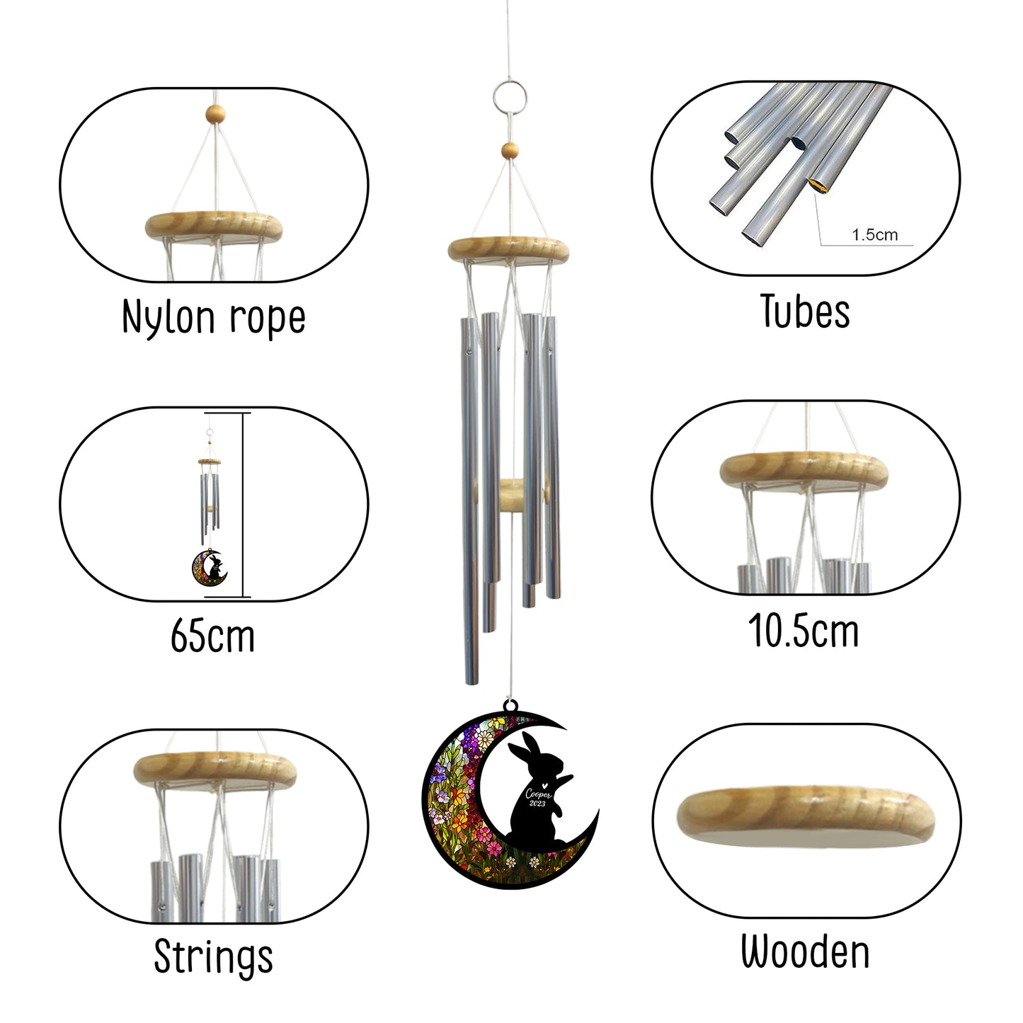 Netecom Rabbit Wind Chimes Memorial, Personalized Pet Memorial Windchime for Bunny Suncatcher, Loss of Pet Remembrance Gift, Sympathy Wind Chimes Outside Garden Decor, Rabbit Passing Away Gifts