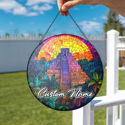 Netecom Personalized Mexico Landmark Stained Glass Suncatcher – Mayan Pyramid Ornament, Unique Cultural Decor & Travel Gift for Home or Souvenir