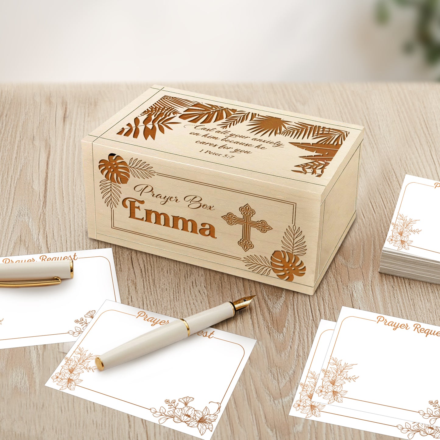 Netecom Personalized Wooden Prayer Box with Custom Name Hand Cross, 100 Prayer Request Cards – Christian Gift for Christmas, Easter & Everyday Prayer