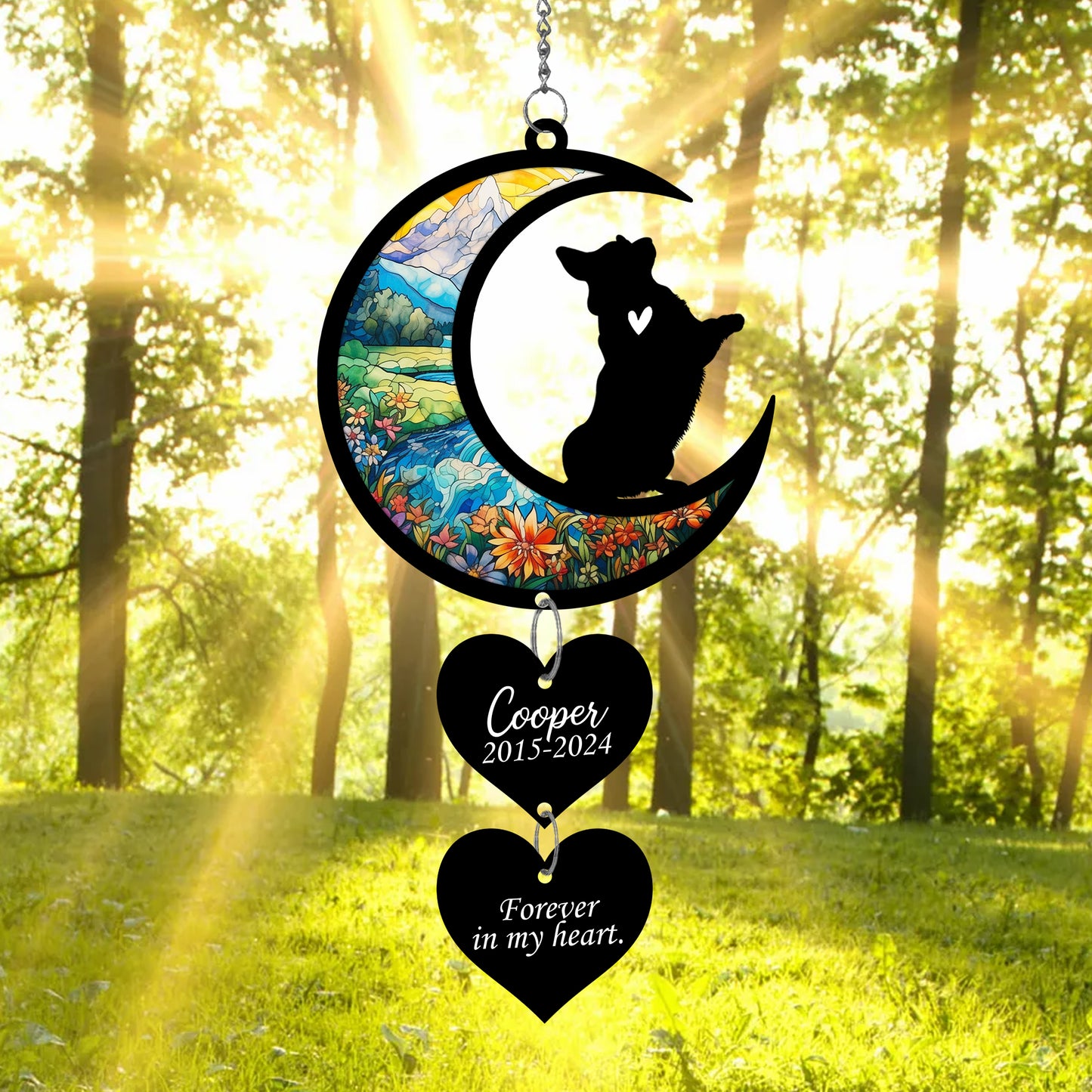 Netecom Personalized Corgi Moon Heart Memorial Suncatcher – Dog Loss Gift, Forever in My Heart Pet Remembrance Keepsake