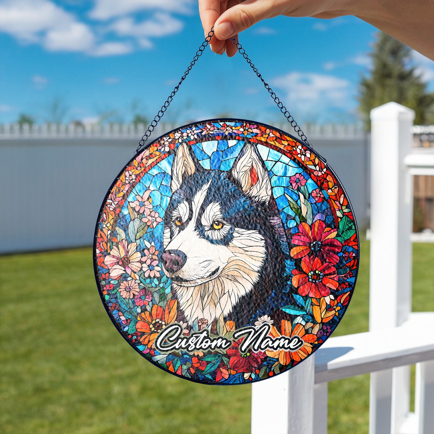 Netecom Custom Husky Dog Stained Glass Ornament, Personalized Memorial Suncatcher, Pet Loss Sympathy Gift, Christmas Decoration