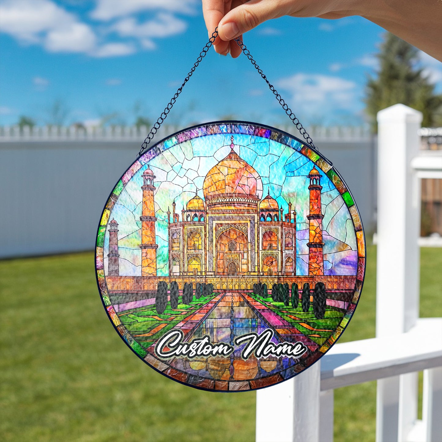 Netecom Personalized India Landmark Stained Glass Sun Catcher – Taj Mahal Inspired Window Ornament, Custom Travel Gift & Home Decor