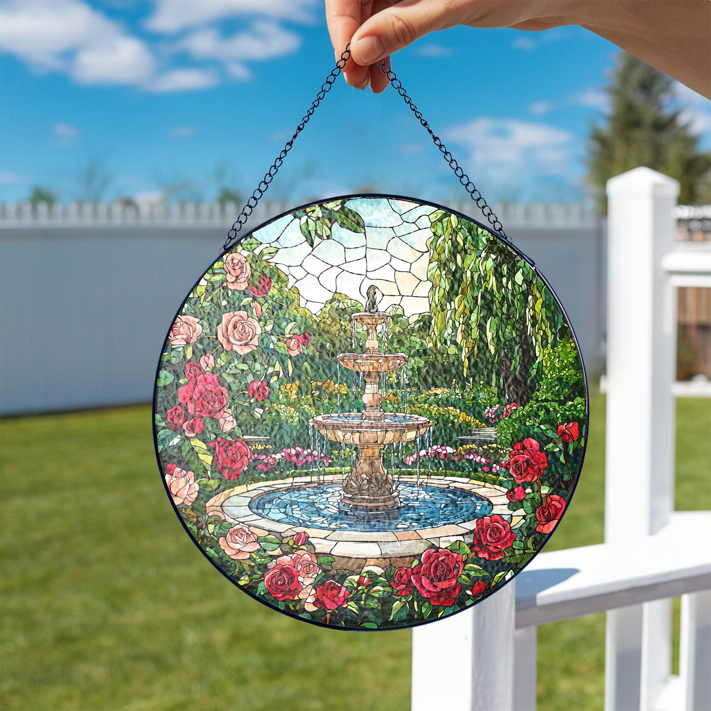 Netecom Water Fountain Stained Glass Sun Catcher – Elegant Garden Fountain Window Hanging, Perfect Gift for