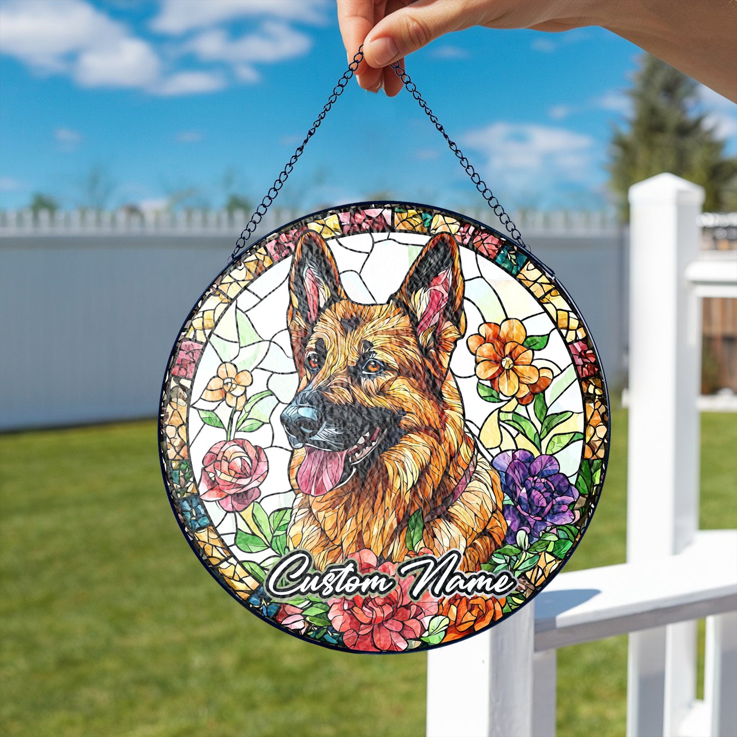 Netecom Custom German Shepherd Stained Glass Ornament, Personalized Pet Memorial Suncatcher, Pet Loss Sympathy Gift, Christmas Decoration