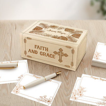 Netecom Personalized Wooden Prayer Box with Faith and Grace Design, 100 Prayer Request Cards & Handheld Cross – Christian Keepsake for Daily Prayer