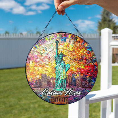 Netecom Personalized America Stained Glass Sun Catcher – Statue of Liberty Ornament, Patriotic Home & Office Décor Gift