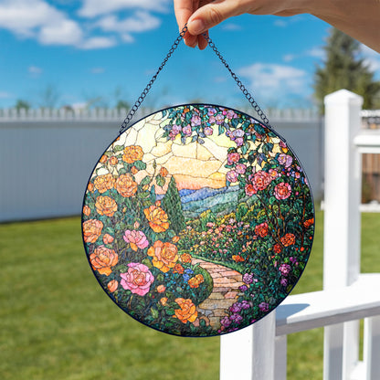 Netecom Rose Garden Stained Glass Ornament – Custom Floral Sun Catcher, Garden Path Decoration and Gift