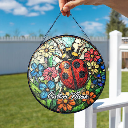 Netecom Personalized Lady Bug Stained Glass Ornament, Custom Memorial Suncatcher, Pet Loss Remembrance Gift, Christmas Decoration