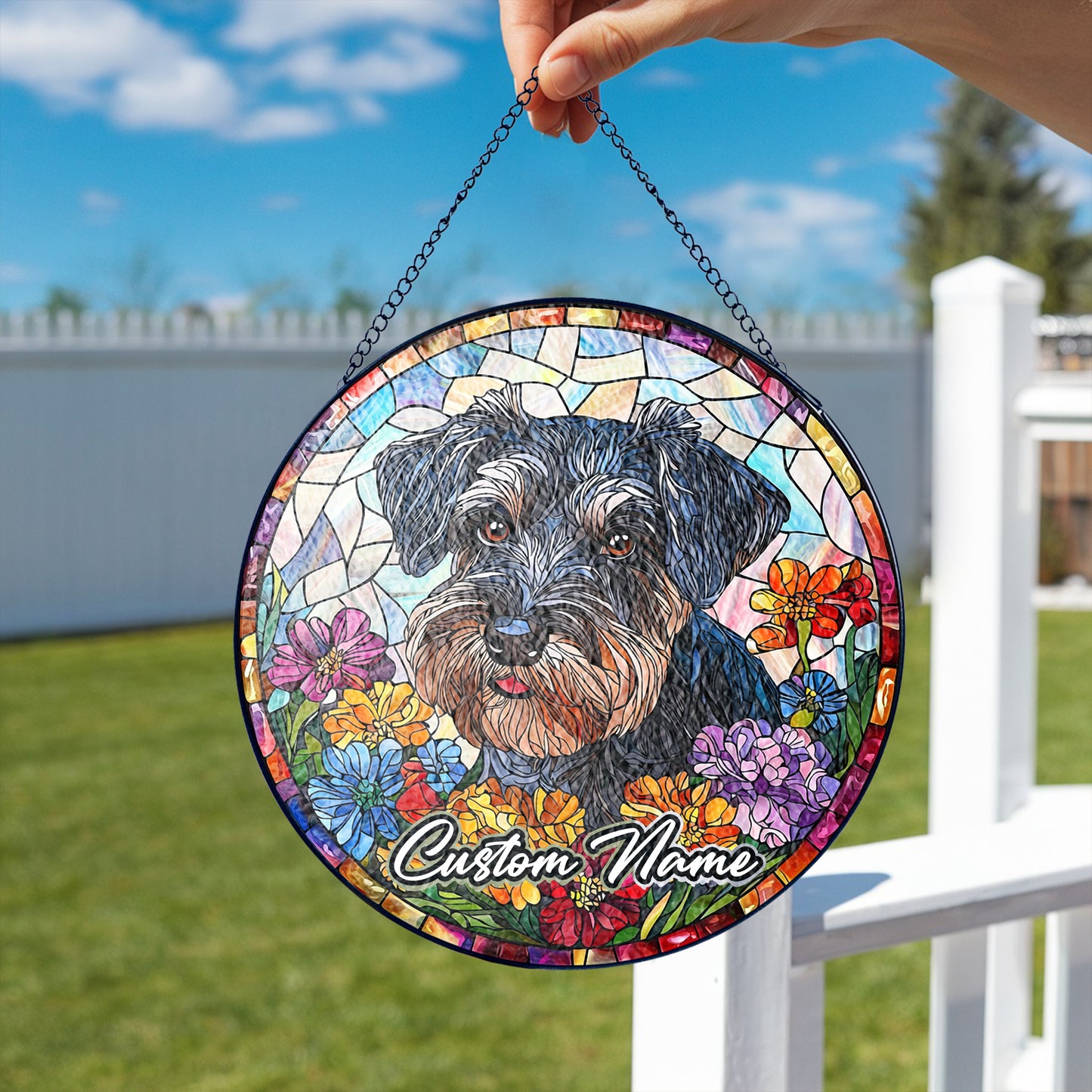 Netecom Custom Schnauzer Stained Glass Ornament, Personalized Pet Memorial Sun Catcher, Pet Loss Sympathy Gift, Christmas Decoration