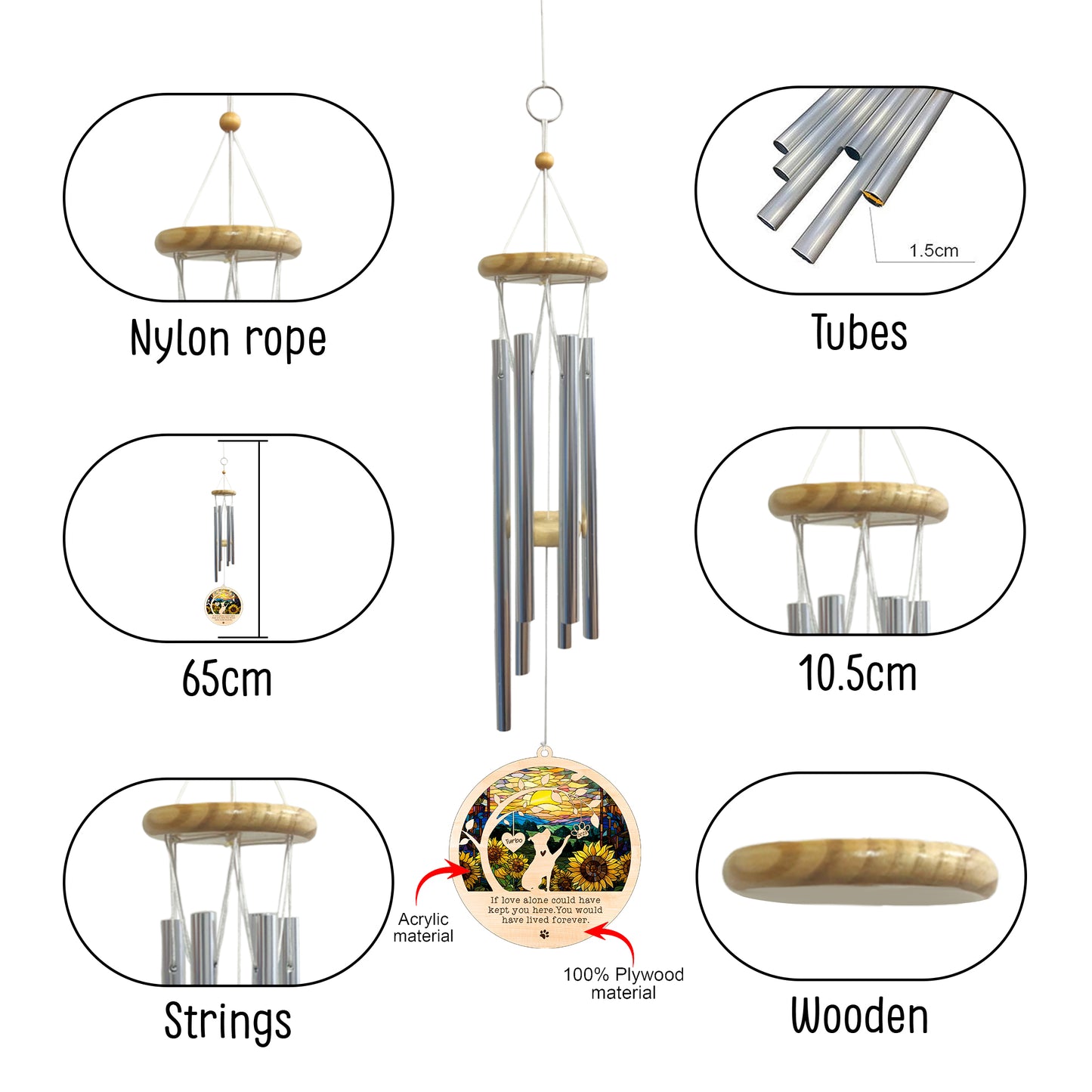 Netecom Pitbull Dog Wind Chimes Memorial, Personalized Pet Memorial for Dogs Suncatcher, Dog Loss Memorial Ornament, Sympathy Windchime Outside Garden Decor, Loss of Pet Remembrance Gift