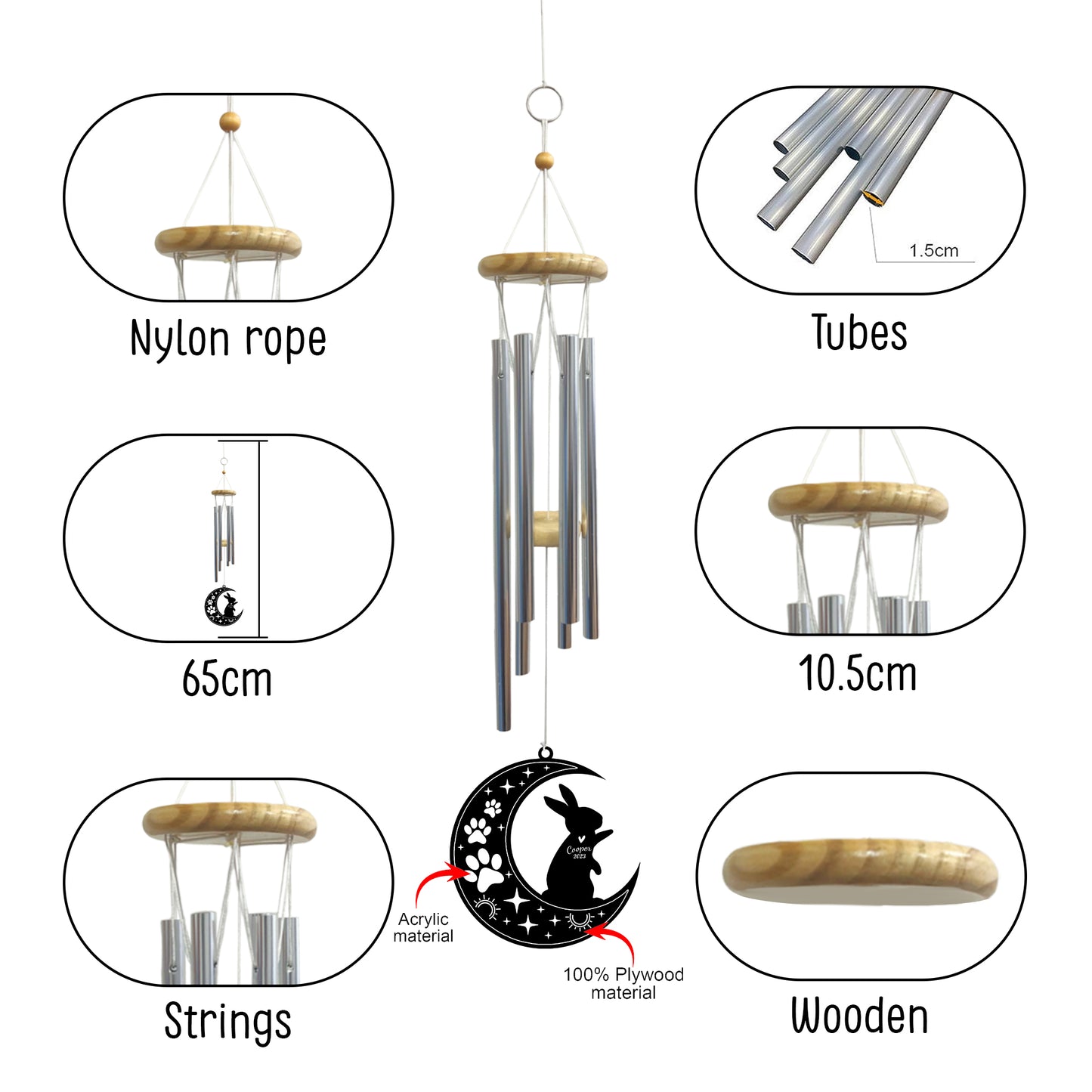 Netecom Rabbit Wind Chimes Memorial, Personalized Pet Memorial Windchime for Rabbit Suncatcher, Pet Condolences Gift for Loss of Bunny, Pet Remembrance Gift, Sympathy Pet Wind Chimes Outdoor Garden