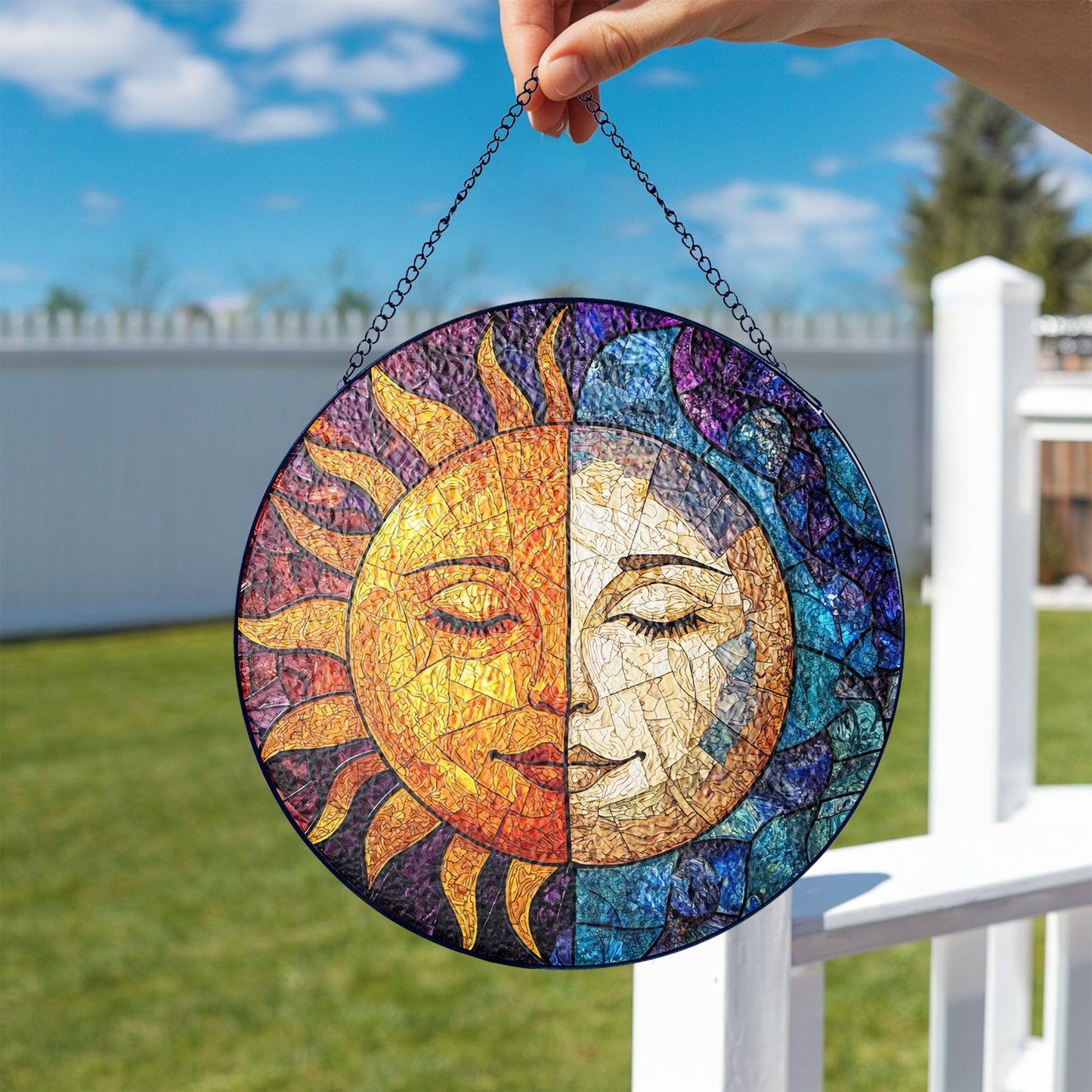 Netecom Sun & Moon Stained Glass Ornament – Custom Celestial Sun Catcher, Personalized Window Hanging, Spiritual Gift