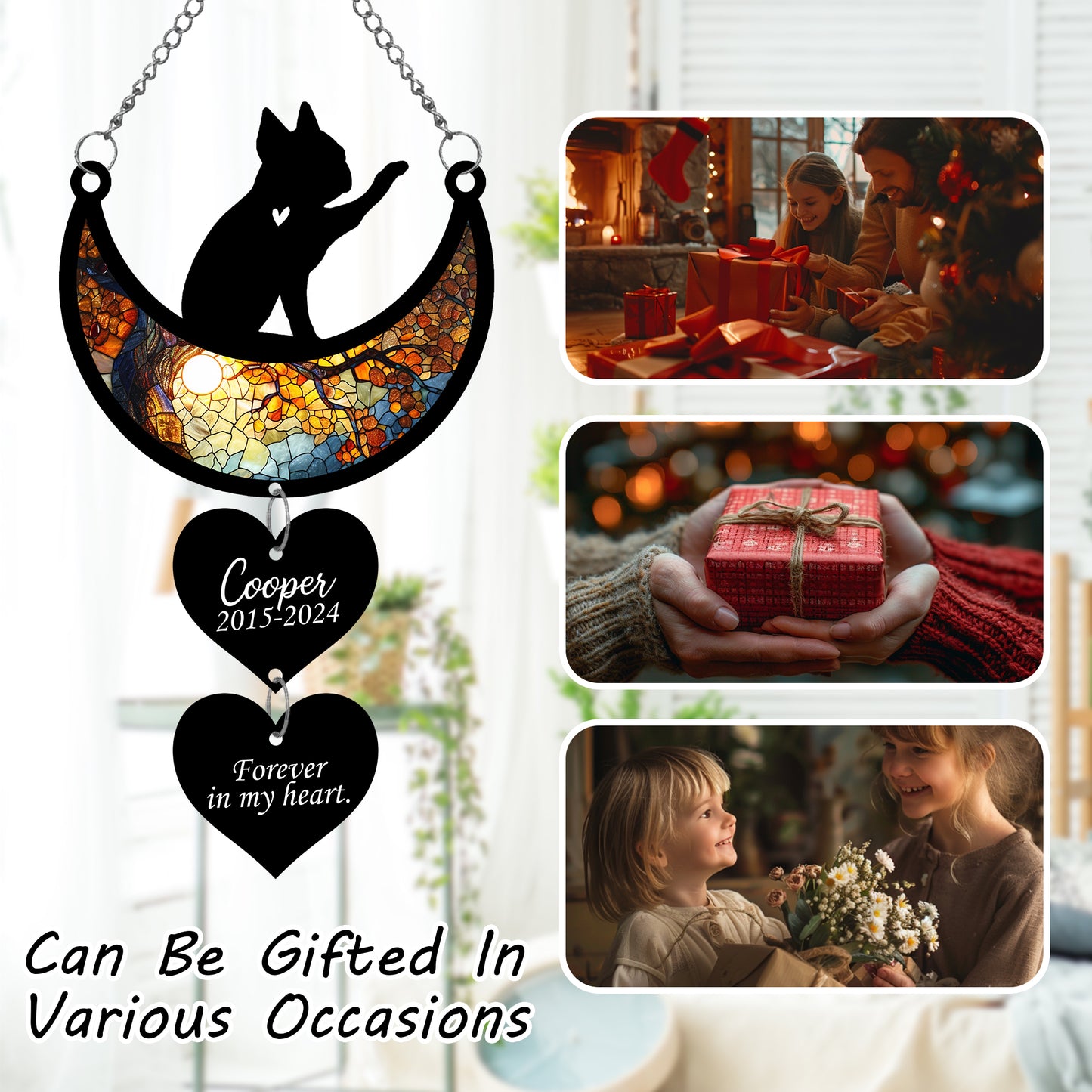 Netecom Personalized Boston Terrier Moon Heart Memorial Suncatcher, Custom Boston Terrier Ornament with Name Date, Dog Loss Sympathy Gift, Pet Remembrance Keepsake