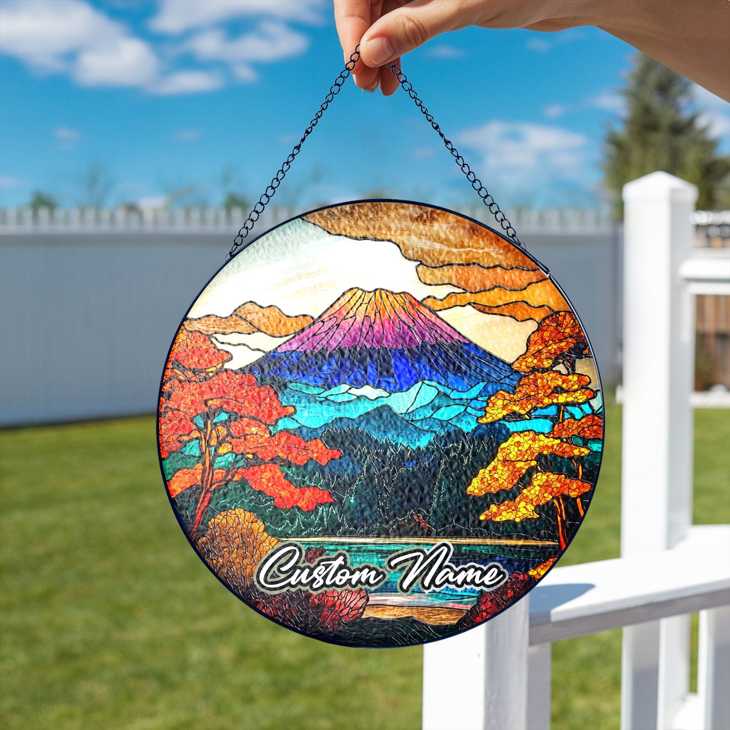 Netecom Personalized Japan Stained Glass Ornament – Mount Fuji Inspired Sun Catcher, Custom Cultural Gift & Window Decoration