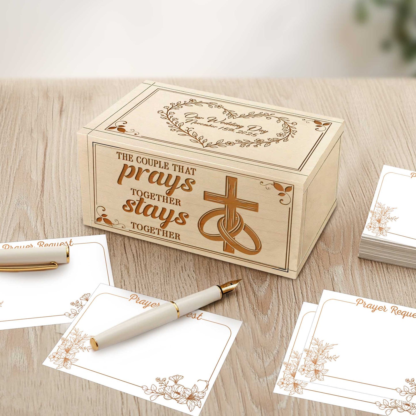 Netecom Personalized Wedding Prayer Box with Custom Anniversary Date & Name Cross, Wooden Faith Keepsake with 100 Prayer Request Cards, Christian Gift for Couples & Marriage