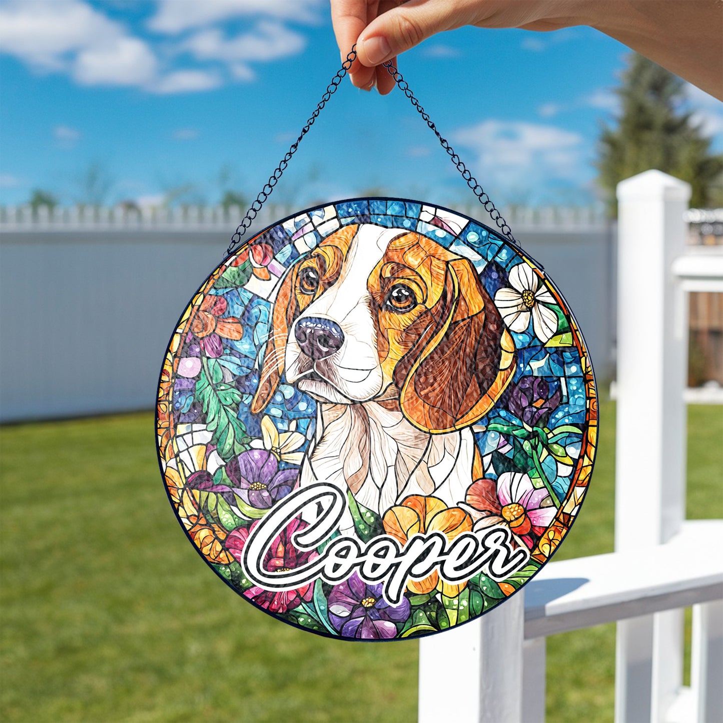 Netecom Personalized Beagle Dog Stained Glass Ornament , Custom Pet Memorial Sun Catcher , Pet Loss Sympathy Gift , Name and Breed Decor