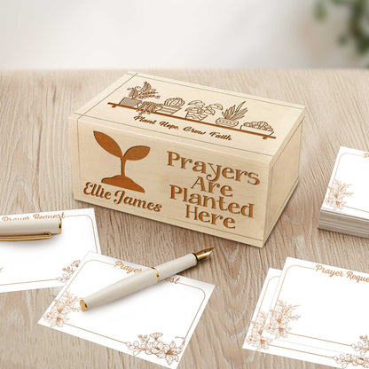 Netecom Personalized Wooden Prayer Box with Custom Name & Handheld Cross, Prayers Are Planted Here Faith Keepsake with Prayer Request Cards