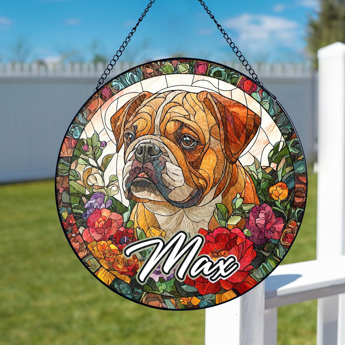 Netecom Custom Bulldog Stained Glass Suncatcher, Personalized Dog Memorial Ornament, Pet Loss Gift, Christmas Window Decoration