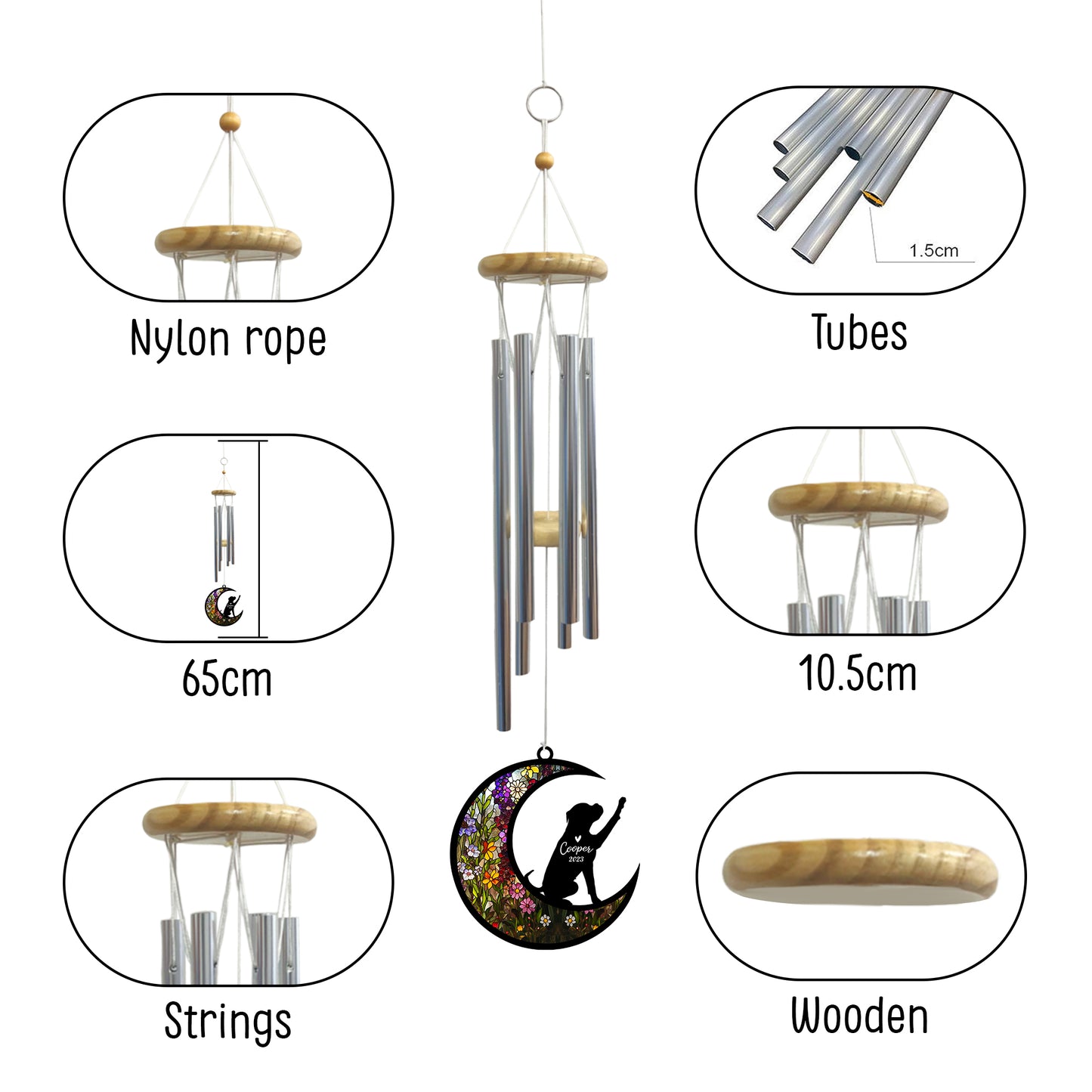 Netecom Boxer Dog Wind Chimes Memorial, Personalized Pet Memorial Windchime for Dogs Suncatcher, Loss of Pet Remembrance Gift, Sympathy Wind Chimes Outside Garden Decor, Dog Passing Away Gifts