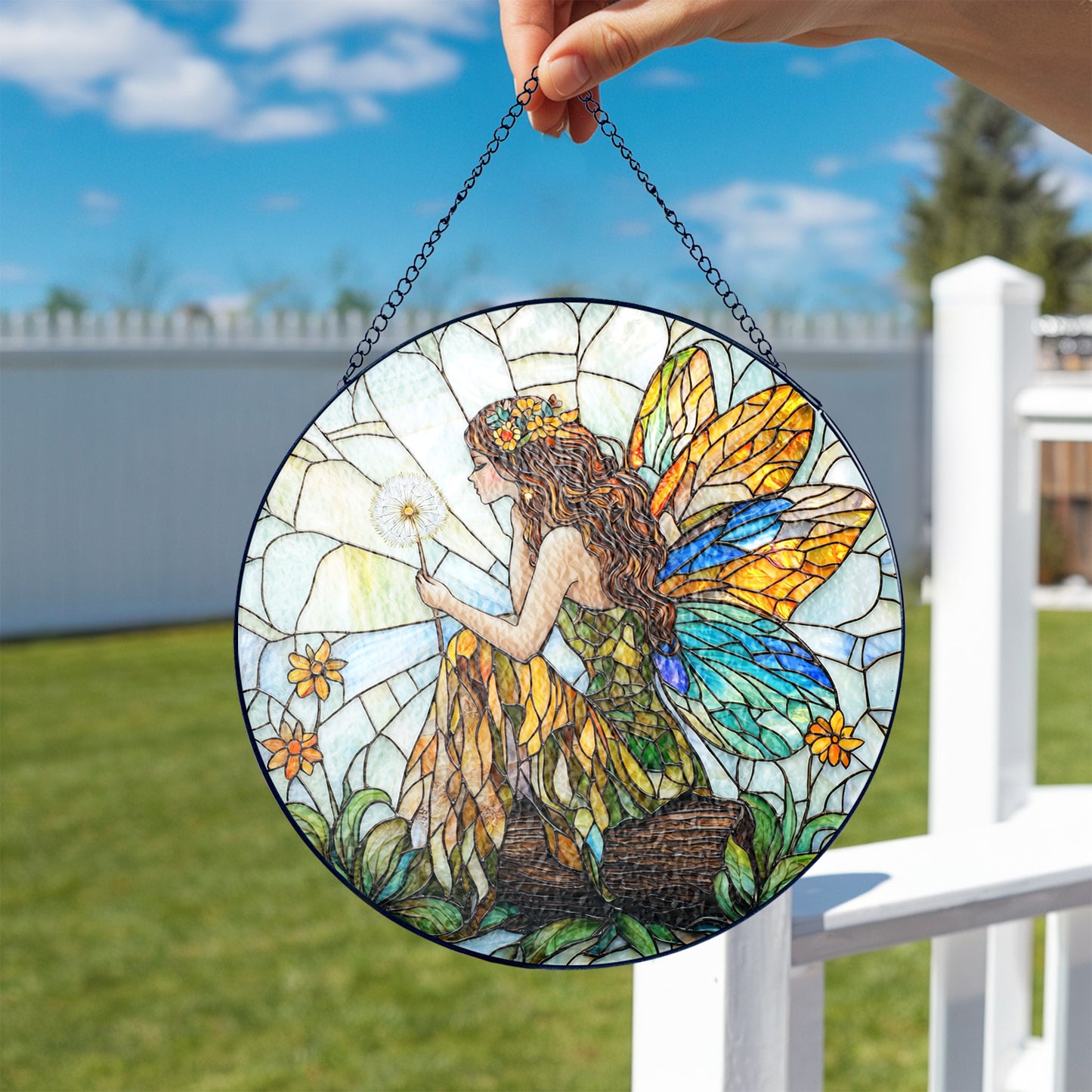 Netecom Fairy and Flowers Stained Glass Sun Catcher – Custom Magical Ornament, Personalized Window Hanging Décor