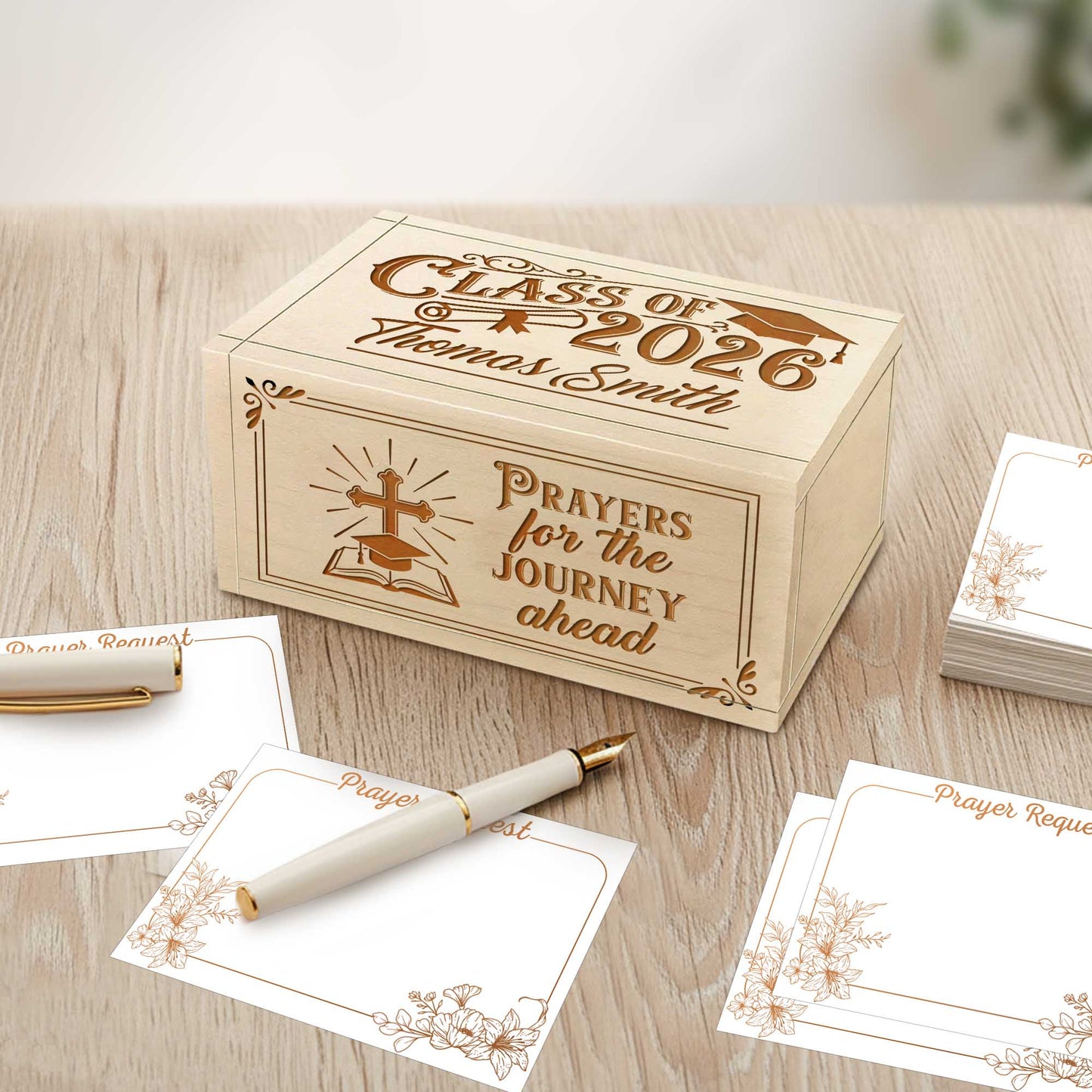 Netecom Personalized Graduation Prayer Box with Custom Name & Year on Box, Custom Name on Cross, 100 Prayer Cards, Faith-Based Christian Keepsake Gift