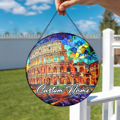 Netecom Italy Landmark Stained Glass Sun Catcher – Colosseum Ornament, Custom Rome Gift for Home & Office Decor