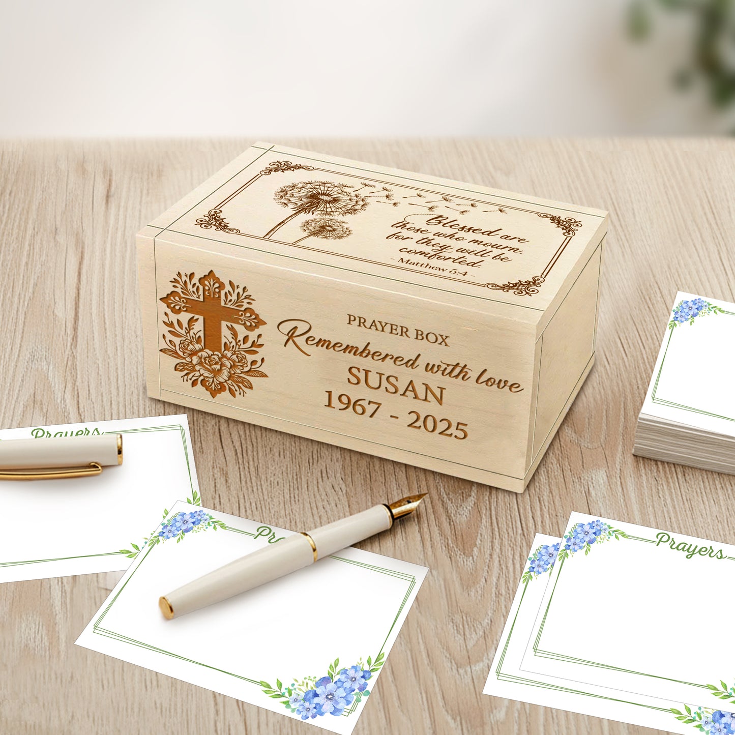 Netecom Personalized Memorial Prayer Box with 100 Prayer Request Cards & Handheld Cross – Custom Name and Years, Wooden Remembrance Keepsake, Forever in Our Hearts