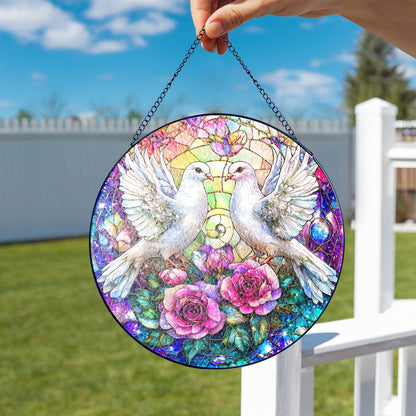 Netecom White Doves Stained Glass Suncatcher, Romantic Window Hanging Decor, Elegant Home Accent, Wedding Anniversary or Christmas Gift for Couples