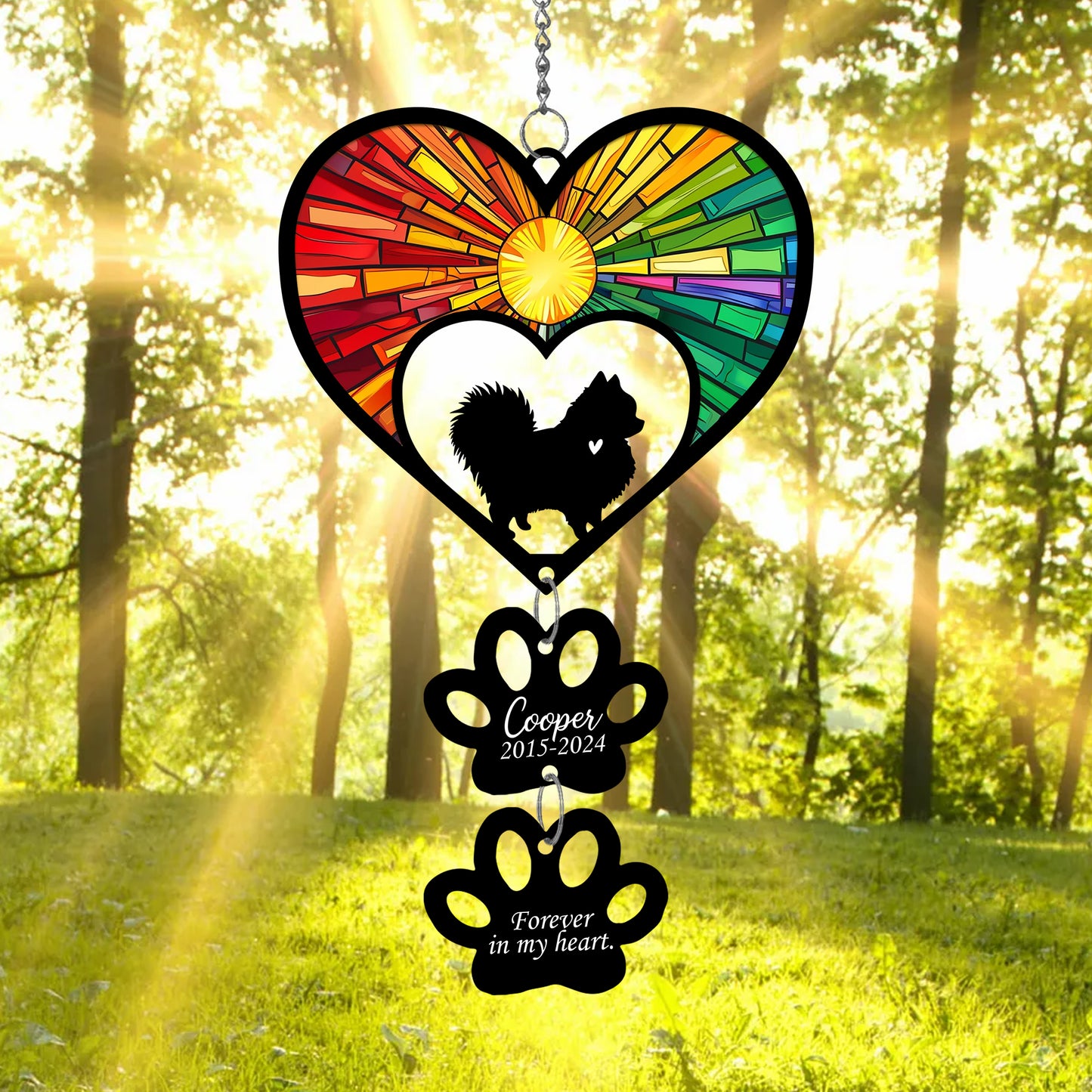 Netecom Personalized Pomeranian Rainbow Heart Paw Memorial Suncatcher, Custom Dog Ornament with Name Date, Pet Loss Sympathy Gift, Dog Remembrance Keepsake