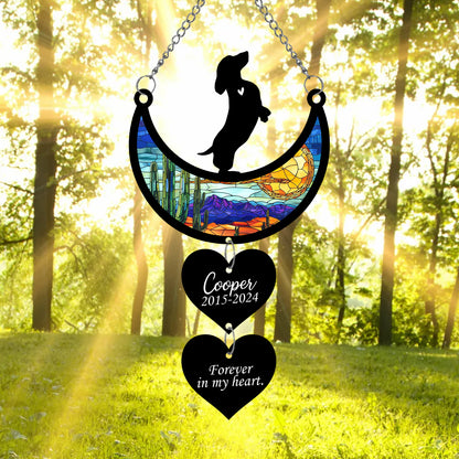 Netecom Personalized Dachshund Moon Heart Memorial Suncatcher, Custom Dachshund Ornament with Name Date, Dog Loss Sympathy Gift, Pet Remembrance Keepsake