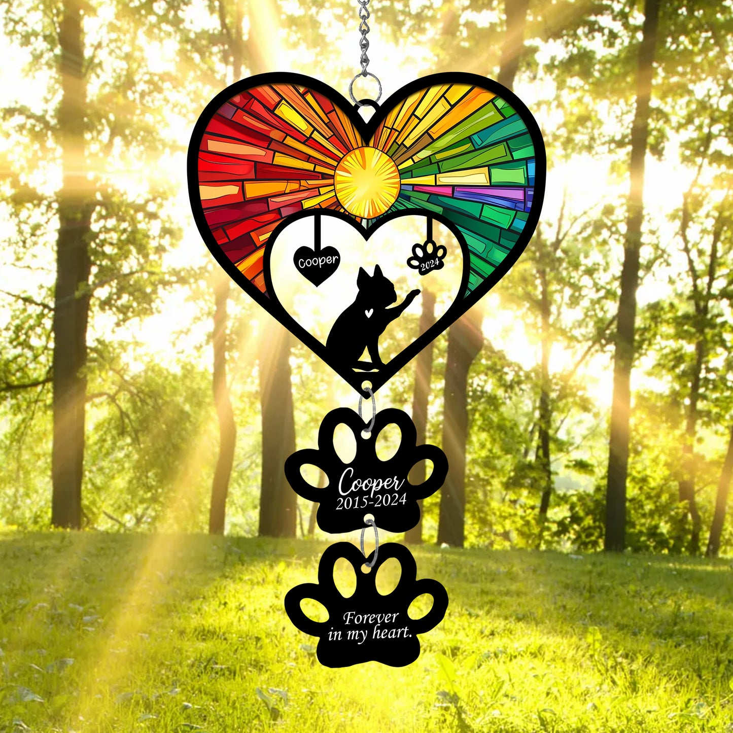 Netecom Personalized Boston Terrier Rainbow Heart Paw Memorial Suncatcher, Custom Dog Ornament with Name Date, Dog Loss Sympathy Gift, Pet Remembrance Keepsake