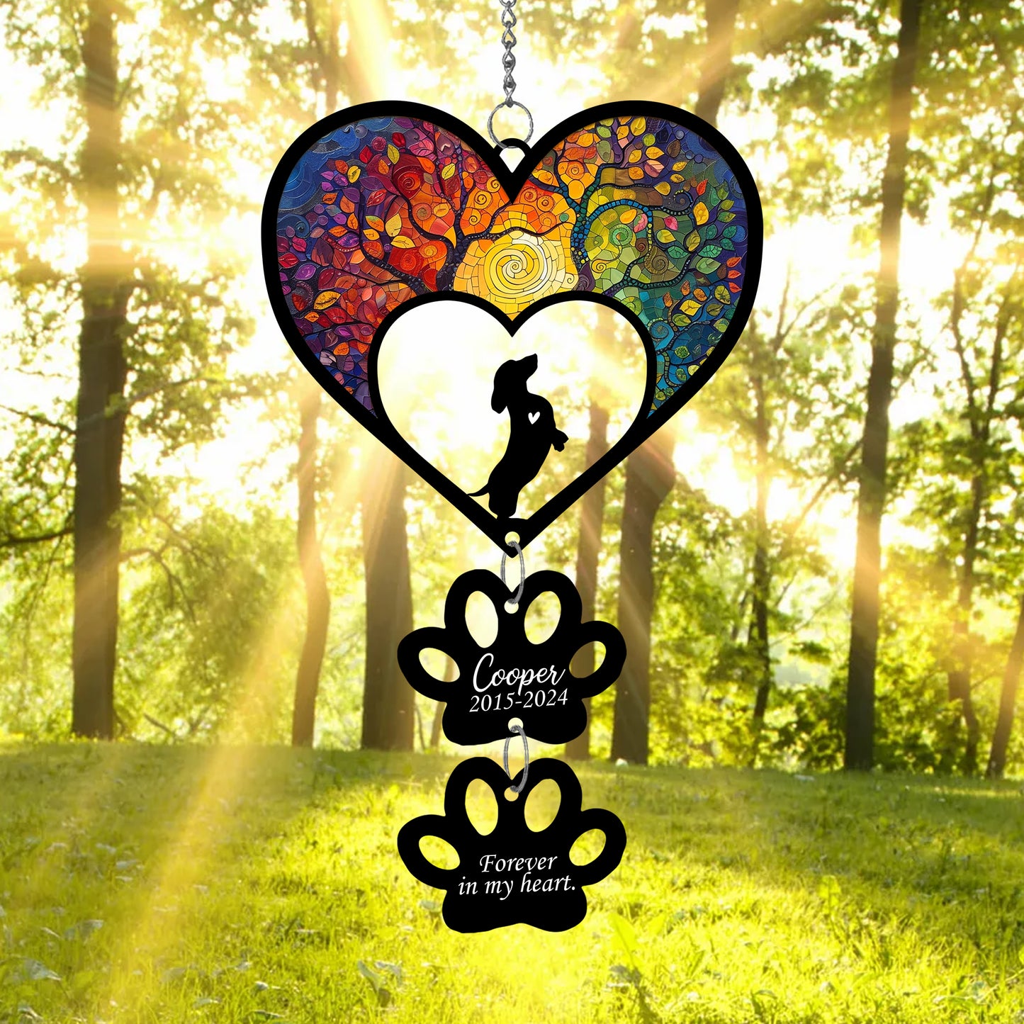 Netecom Personalized Dachshund Rainbow Heart Paw Memorial Suncatcher, Custom Dog Ornament with Name Date, Pet Loss Sympathy Gift, Pet Remembrance Keepsake
