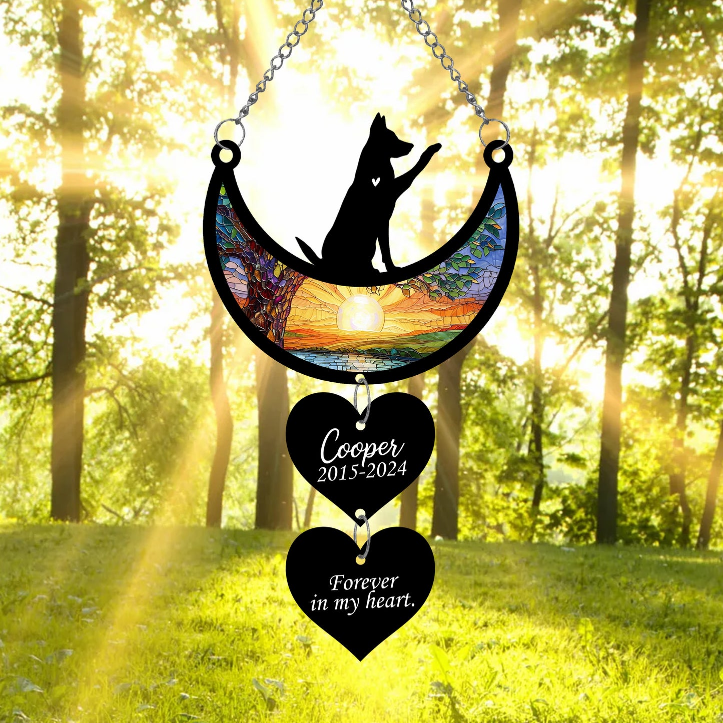 Netecom Personalized German Shepherd Moon Heart Memorial Suncatcher, Custom German Shepherd Ornament with Name Date, Dog Loss Sympathy Gift, Pet Remembrance Keepsake