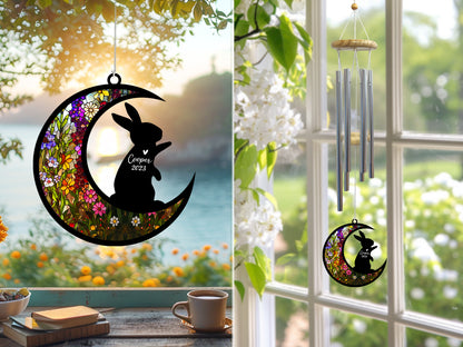 Netecom Rabbit Wind Chimes Memorial, Personalized Pet Memorial Windchime for Bunny Suncatcher, Loss of Pet Remembrance Gift, Sympathy Wind Chimes Outside Garden Decor, Rabbit Passing Away Gifts