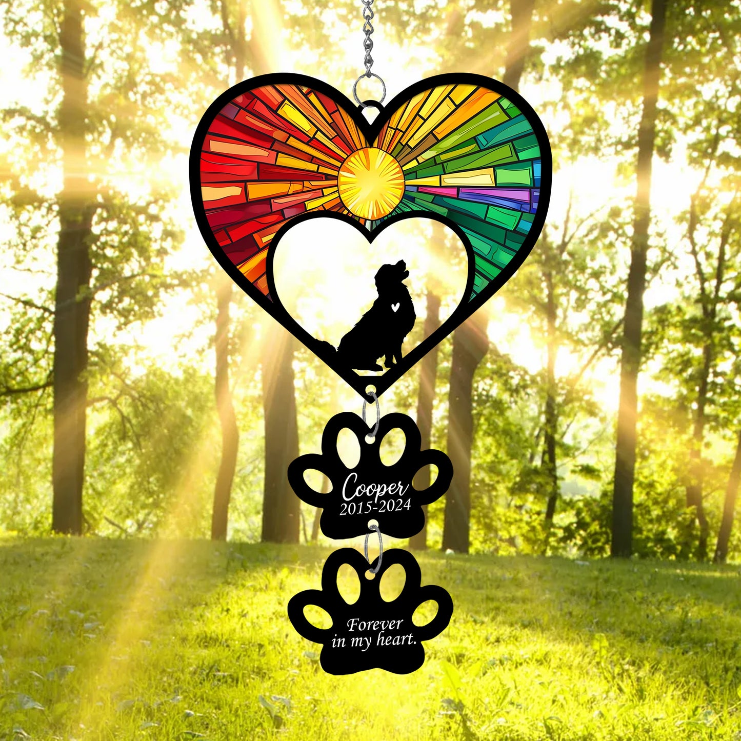 Netecom Personalized Golden Retriever Rainbow Heart Paw Memorial Suncatcher, Custom Dog Ornament with Name Date, Pet Loss Sympathy Gift, Pet Remembrance Keepsake