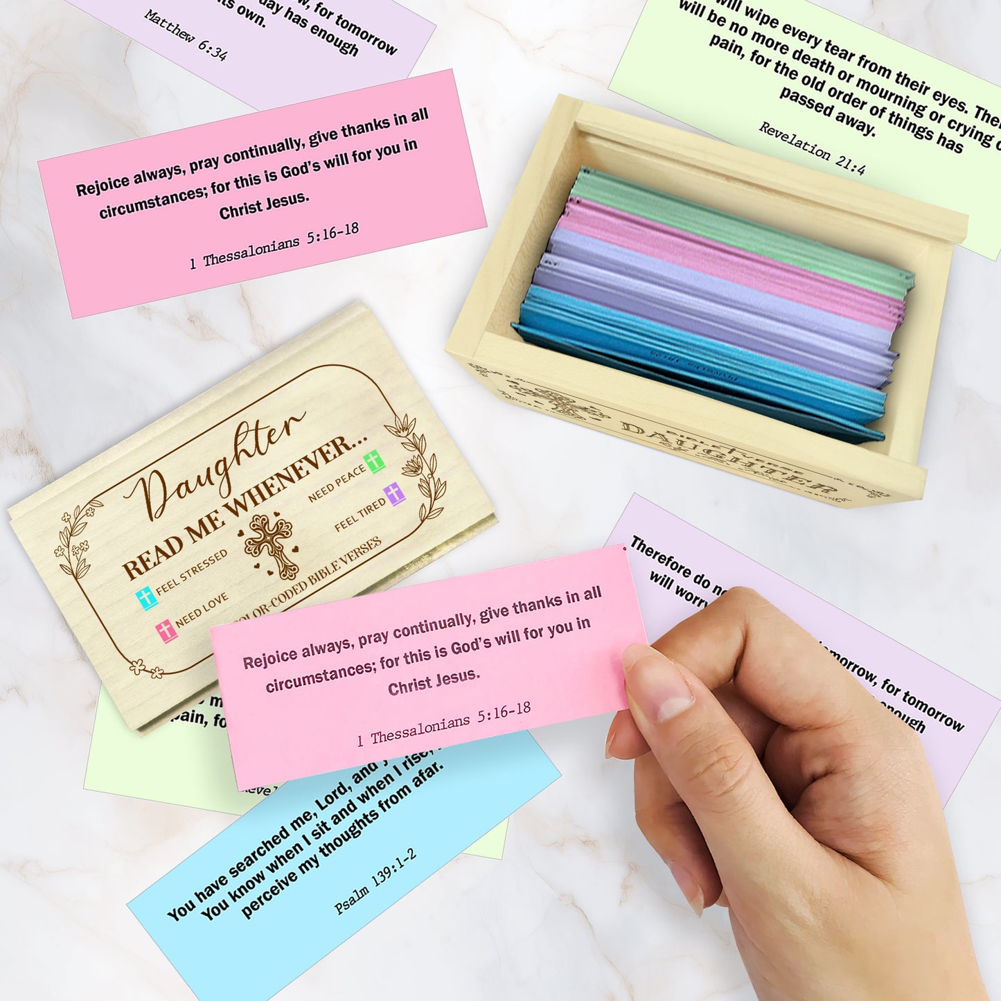 Netecom Bible Verses Box for Daughter with Prayer Cross, 150 Upgrade Bible Verse Cards Box Set for Emotions and Feelings, 4 Emotional Themes, Graduation Gift for Daughter, Encouragement & Love