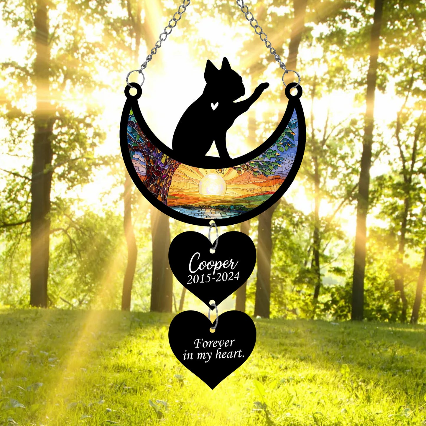 Netecom Personalized Boston Terrier Moon Heart Memorial Suncatcher, Custom Boston Terrier Ornament with Name Date, Dog Loss Sympathy Gift, Pet Remembrance Keepsake