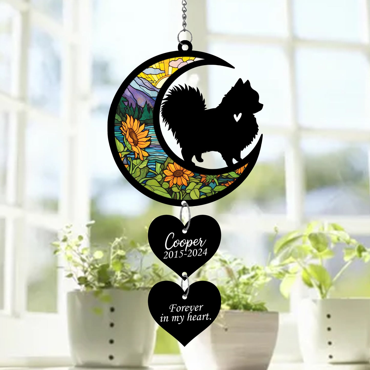 Netecom Personalized Pomeranian Moon Heart Memorial Suncatcher – Dog Loss Sympathy Gift, Pet Remembrance Keepsake
