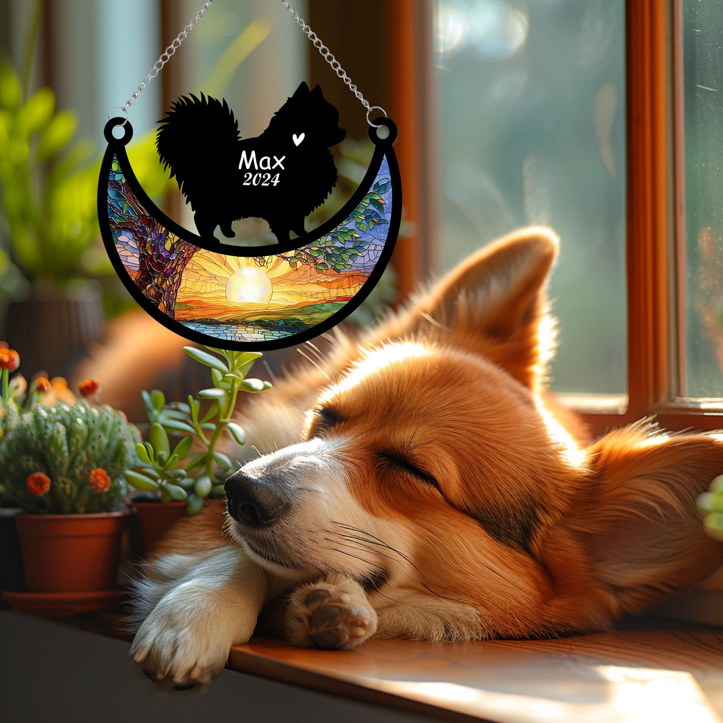 Netecom Personalized Pomeranian Memorial Suncatcher, Custom Pom Dog Ornament with Name Date, Dog Loss Sympathy Gift, Pet Loss Remembrance Gifts, Bereavement Gifts for Loss of Pet, Dog Grief Gift