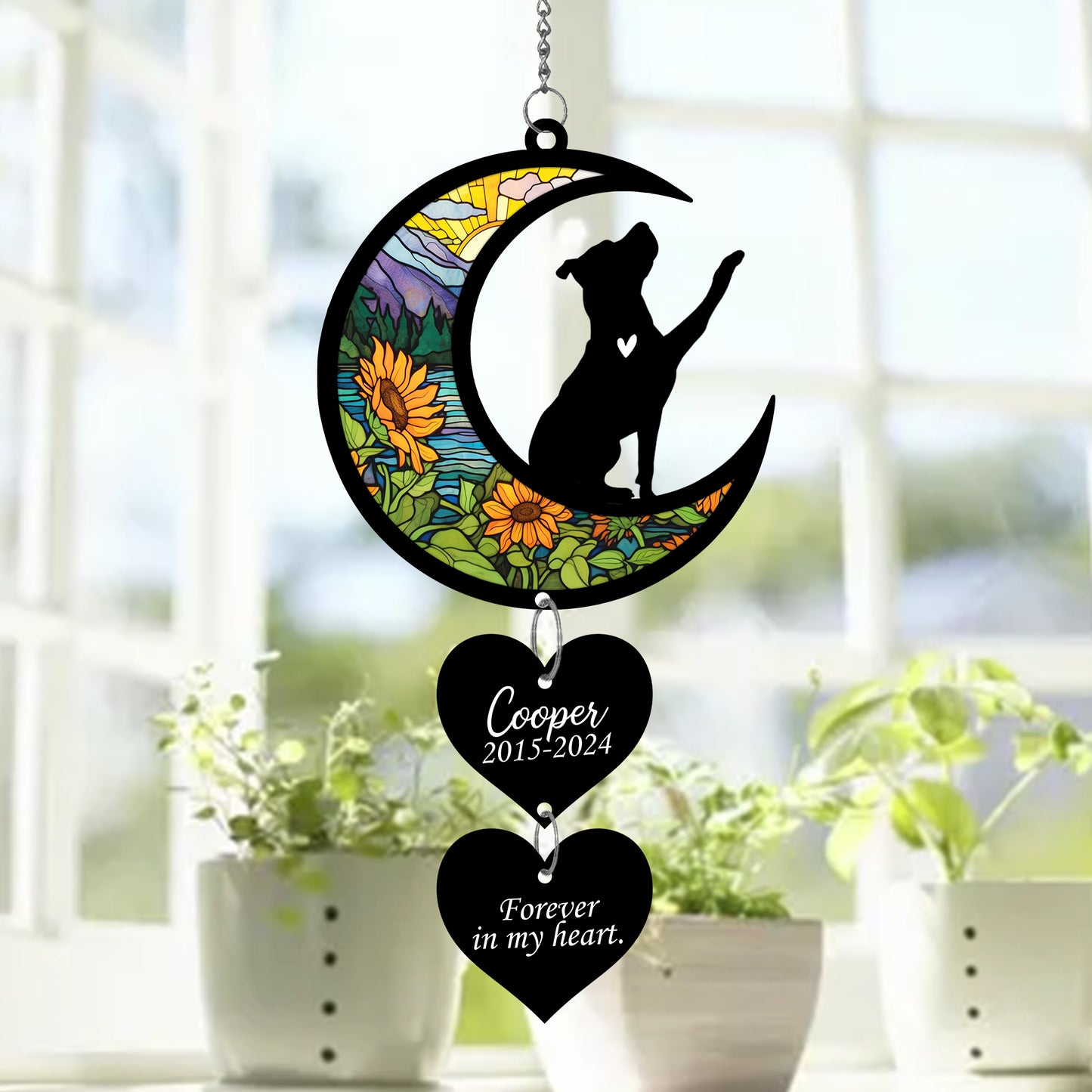 Netecom Personalized Pitbull Moon Heart Memorial Suncatcher – Dog Loss Gift, Pet Remembrance Keepsake