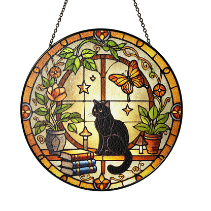 Netecom Black Cat and Books Stained Glass Suncatcher, Golden Floral Window Hanging, Cozy Home Decor, Christmas Gift for Cat Lovers and Book Enthusiasts