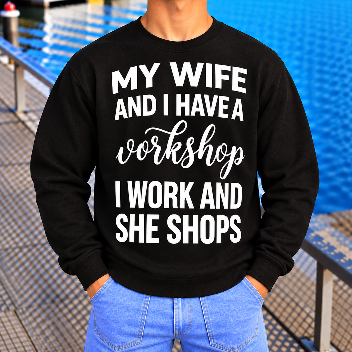 Funny Husband Workshop Shirt, I Work and She Shops Graphic Tee