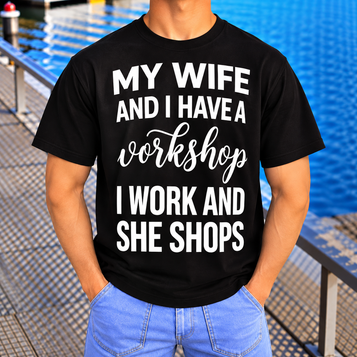 Funny Husband Workshop Shirt, I Work and She Shops Graphic Tee