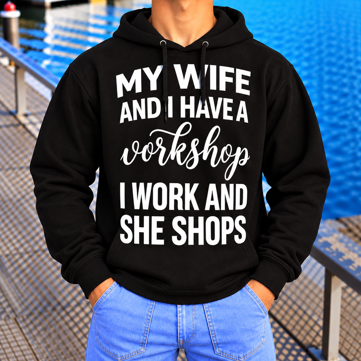 Funny Husband Workshop Shirt, I Work and She Shops Graphic Tee