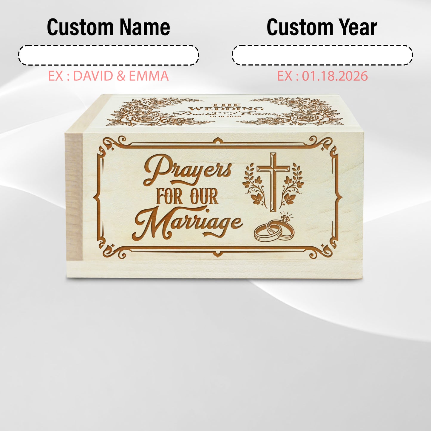 Netecom Personalized Wedding Prayer Box for Couples – Custom Names & Date with Wooden Cross, 100 Prayer Cards, Christian Faith Keepsake Gift