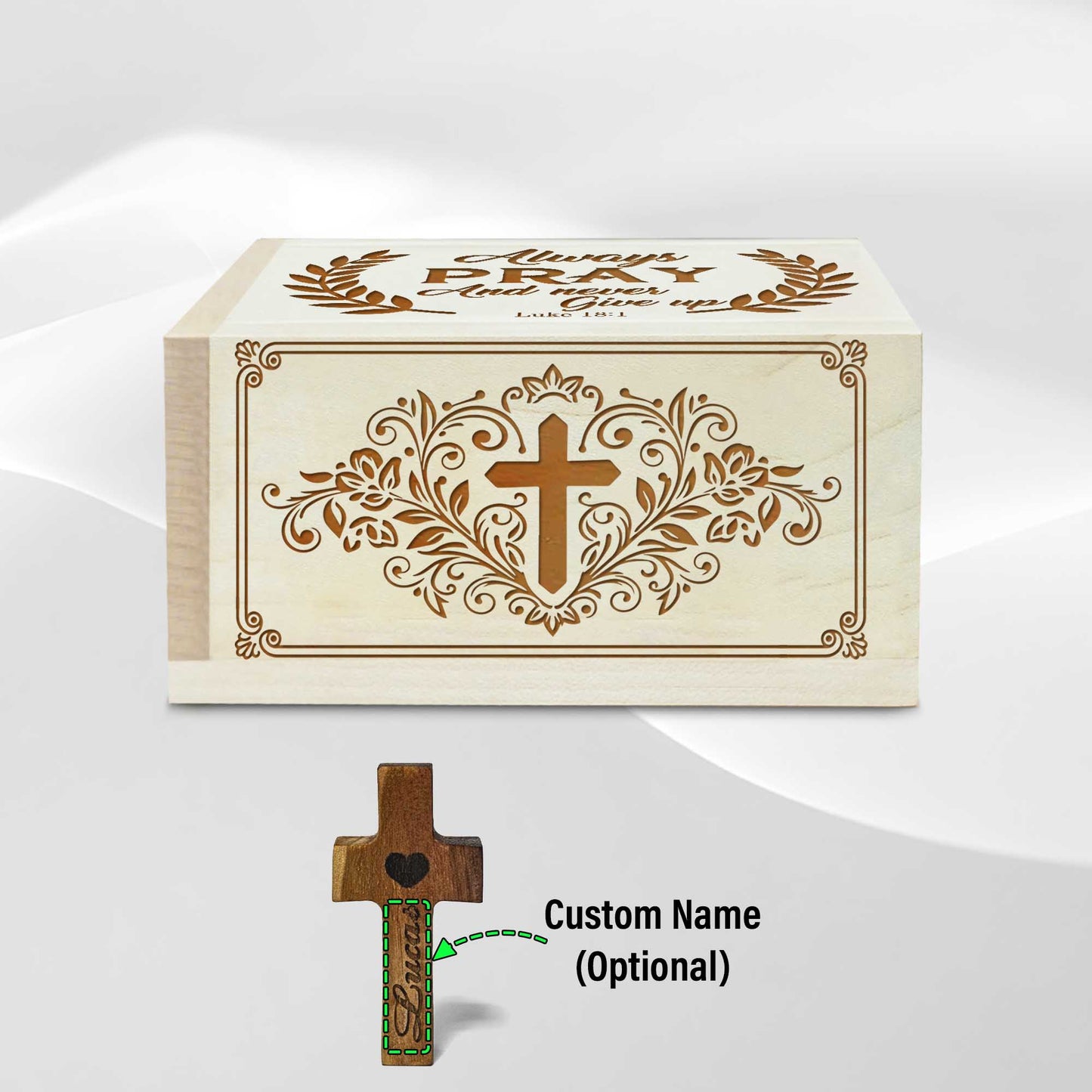 Netecom Personalized Wooden Prayer Box with Scripture Design, Maple Wood Faith Keepsake with 100 Prayer Request Cards & Handheld Cross, Christian Gift for Daily Prayer