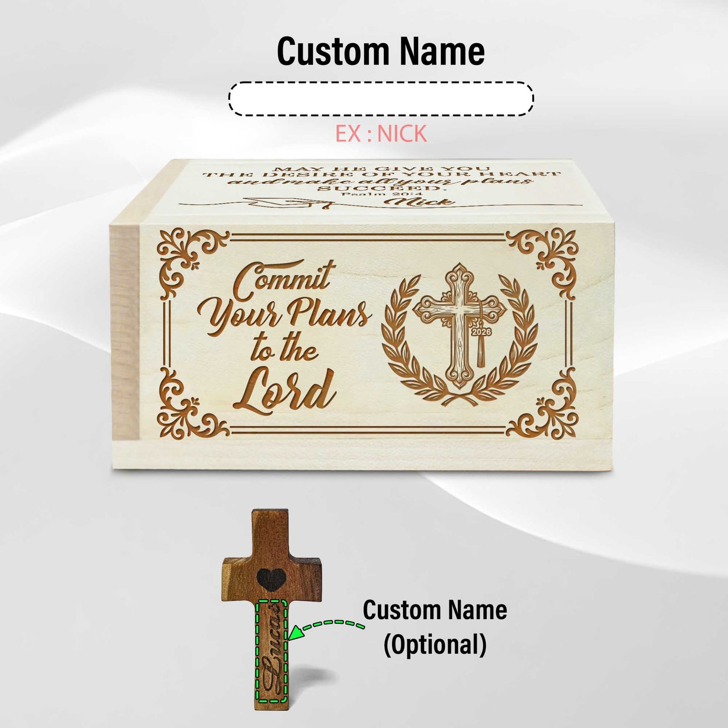 Netecom Personalized Graduation Prayer Box with Custom Name Cross, Maple Wood Faith Keepsake with 100 Prayer Request Cards, Christian Gift for Graduates