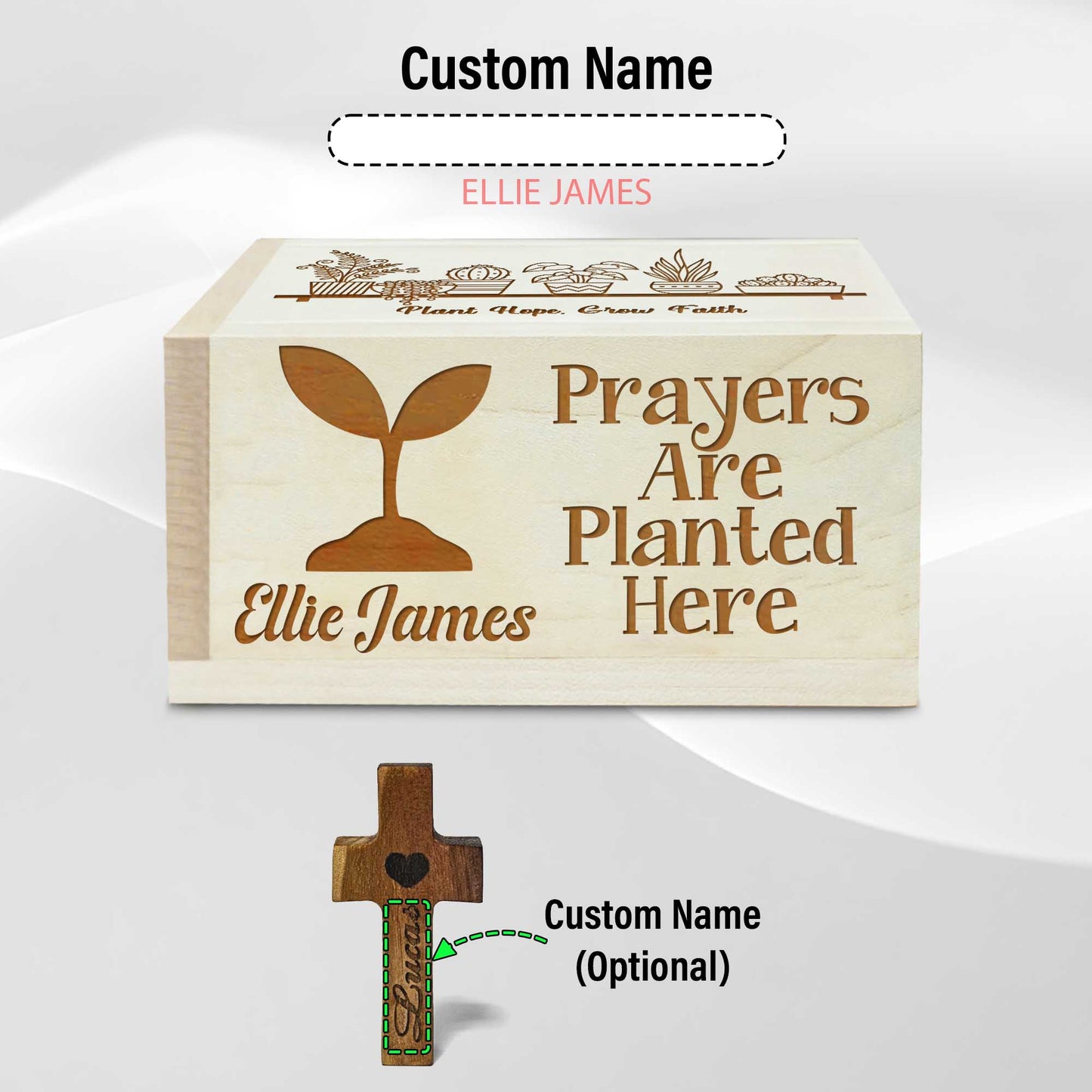 Netecom Personalized Wooden Prayer Box with Custom Name & Handheld Cross, Prayers Are Planted Here Faith Keepsake with Prayer Request Cards